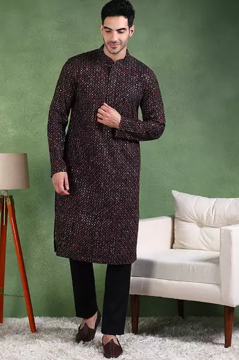 Men black viscose rayon ethnic motifs embroidered straight kurta
