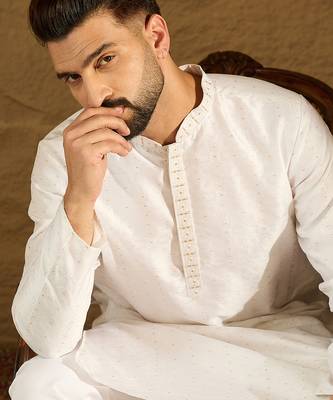 Men white silk blend solid printed straight kurta with trouser 1