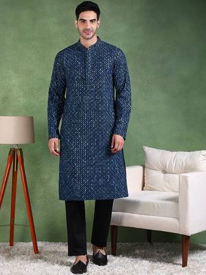 Men blue viscose rayon ethnic motifs embroidered straight kurta 1