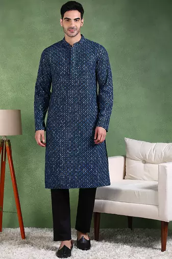 Men blue viscose rayon ethnic motifs embroidered straight kurta