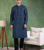 Men blue viscose rayon ethnic motifs embroidered straight kurta