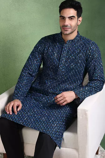 Men blue viscose rayon ethnic motifs embroidered straight kurta