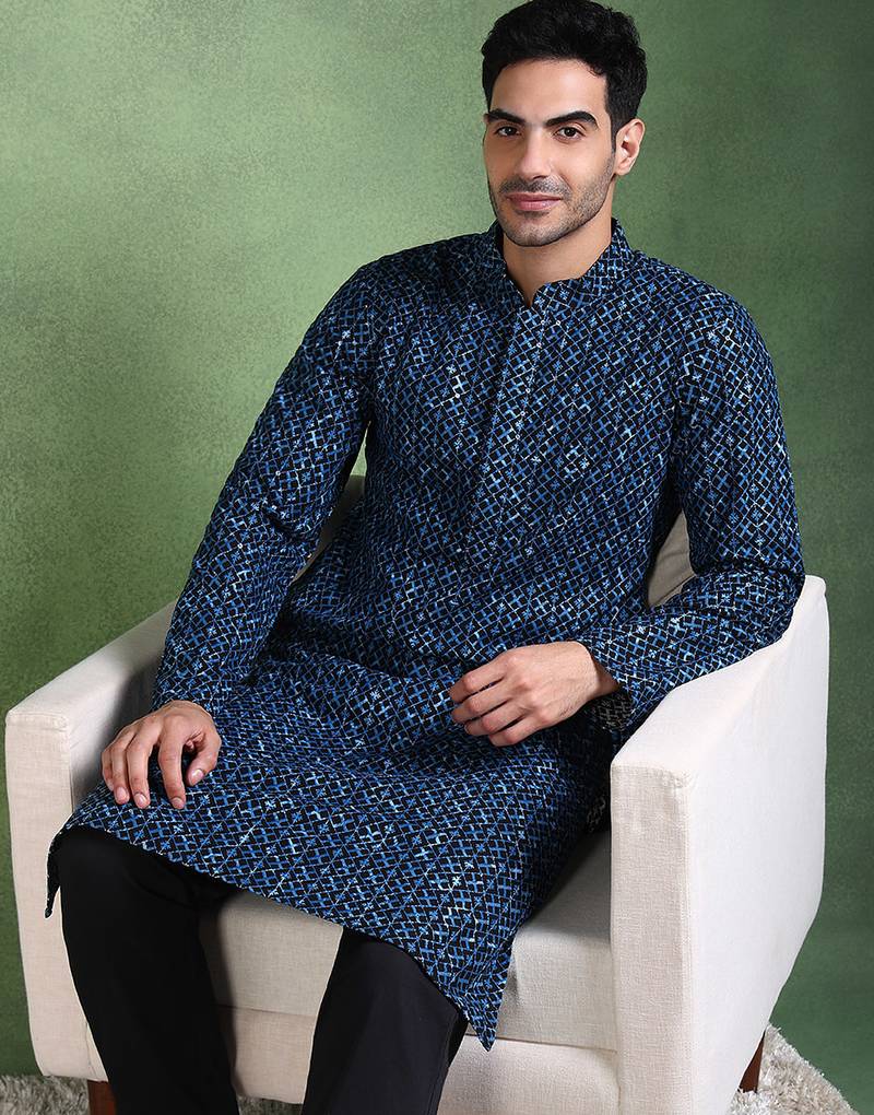 Men blue viscose rayon ethnic motifs embroidered straight kurta