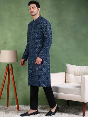 Men blue viscose rayon ethnic motifs embroidered straight kurta 3