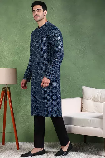 Men blue viscose rayon ethnic motifs embroidered straight kurta