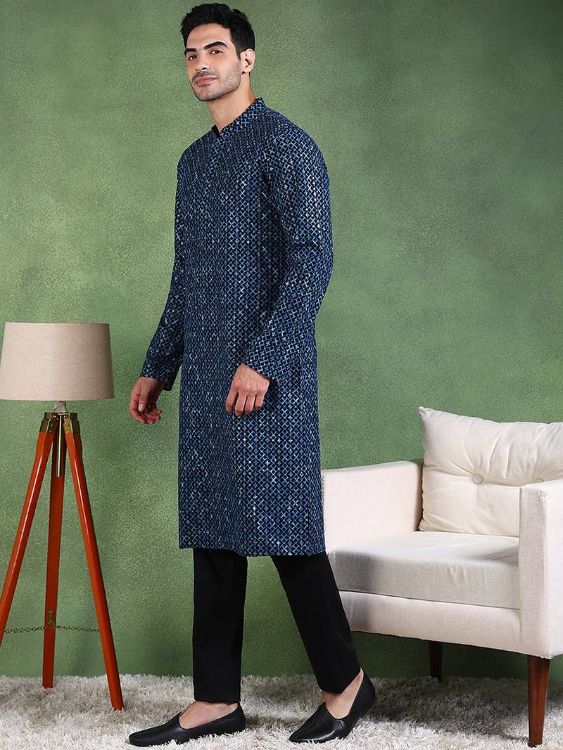 Men blue viscose rayon ethnic motifs embroidered straight kurta
