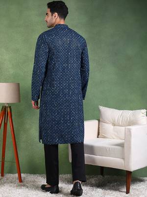 Men blue viscose rayon ethnic motifs embroidered straight kurta 4