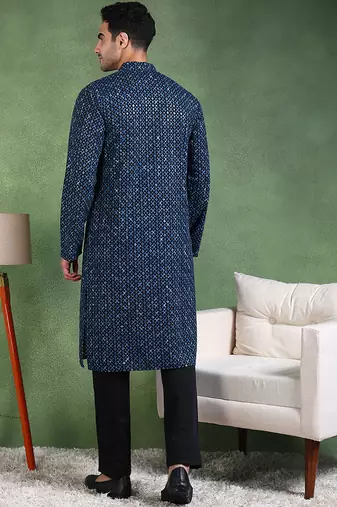 Men blue viscose rayon ethnic motifs embroidered straight kurta