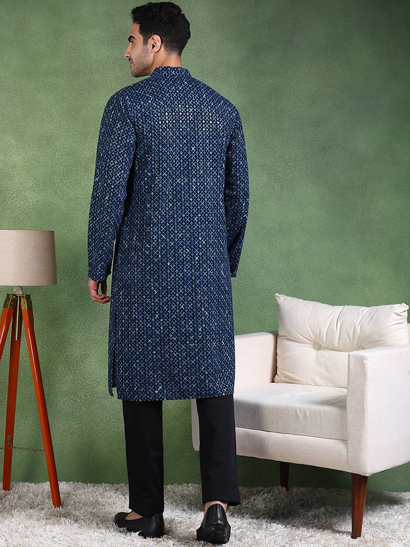 Men blue viscose rayon ethnic motifs embroidered straight kurta