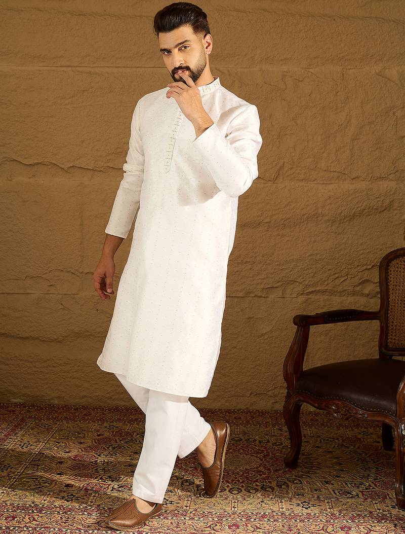 Men white silk blend solid printed straight kurta with trouser