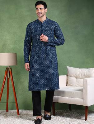 Men blue viscose rayon ethnic motifs embroidered straight kurta 5