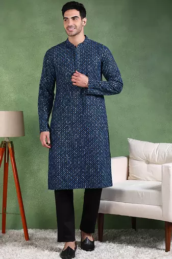 Men blue viscose rayon ethnic motifs embroidered straight kurta