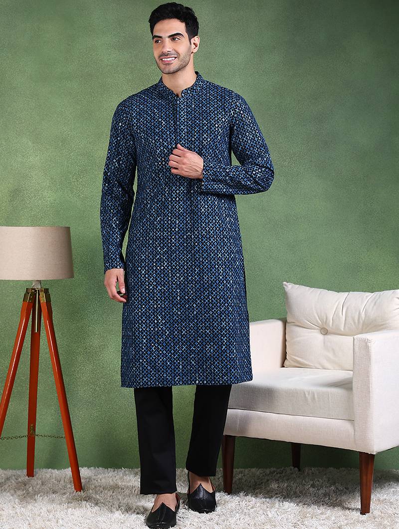Men blue viscose rayon ethnic motifs embroidered straight kurta