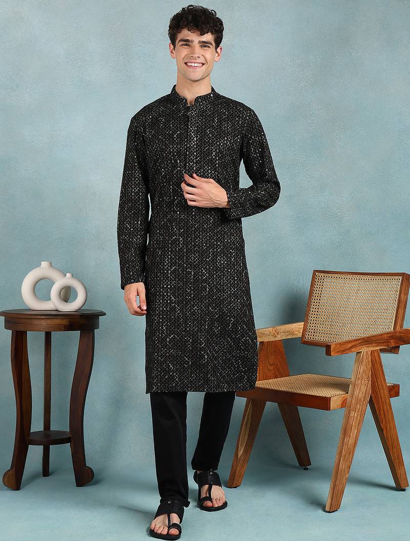 Men green viscose rayon ethnic motifs embroidered straight kurta