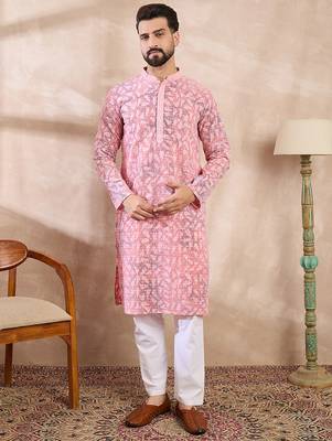 Men pink viscose rayon ethnic motifs embroidered straight kurta with trouser 2