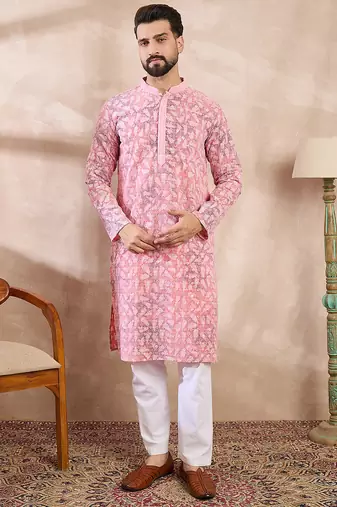 Men pink viscose rayon ethnic motifs embroidered straight kurta with trouser