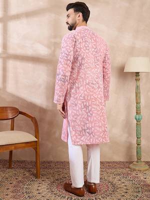 Men pink viscose rayon ethnic motifs embroidered straight kurta with trouser 4