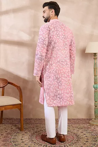 Men pink viscose rayon ethnic motifs embroidered straight kurta with trouser