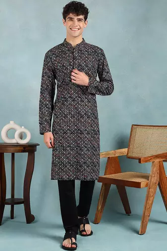 Men black viscose rayon ethnic motifs embroidered straight kurta