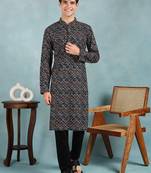 Men black viscose rayon ethnic motifs embroidered straight kurta