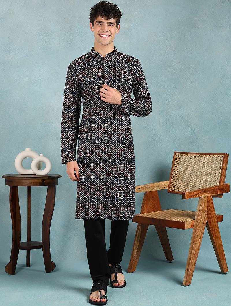 Men black viscose rayon ethnic motifs embroidered straight kurta