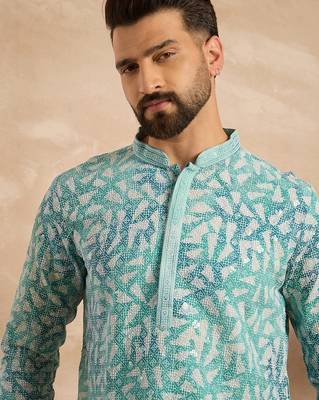 Men teal viscose rayon solid printed straight kurta sets 1