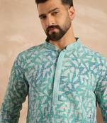 Men teal viscose rayon solid printed straight kurta sets