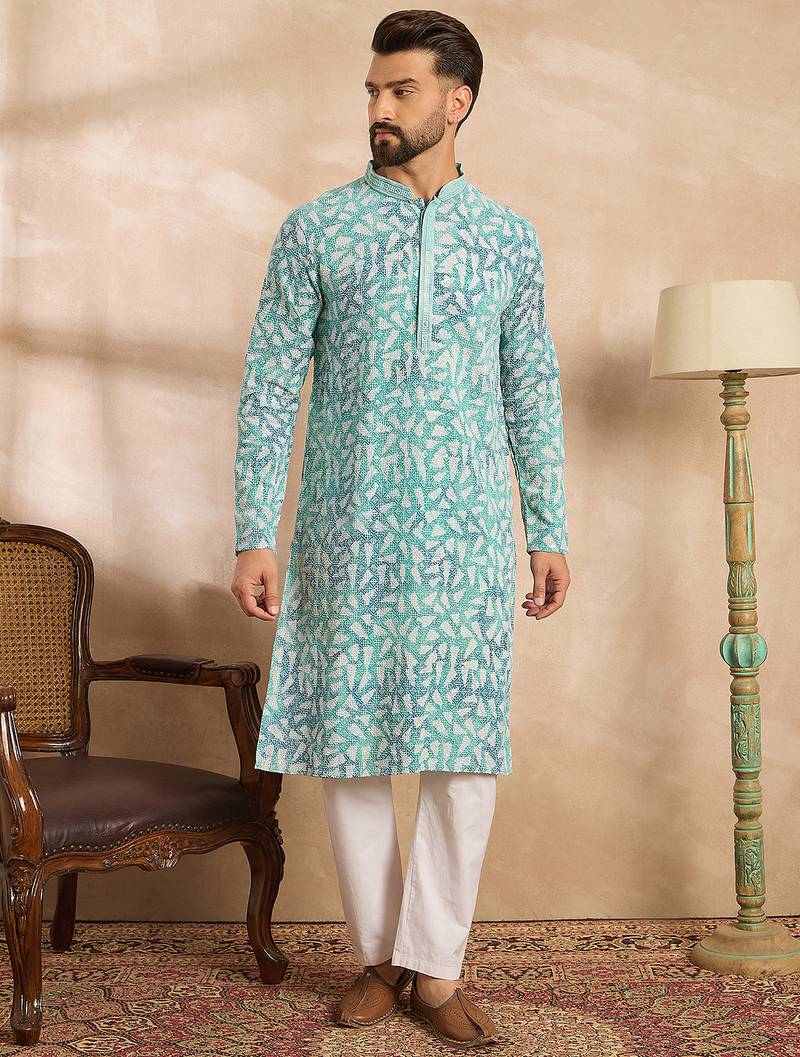 Men teal viscose rayon solid printed straight kurta sets