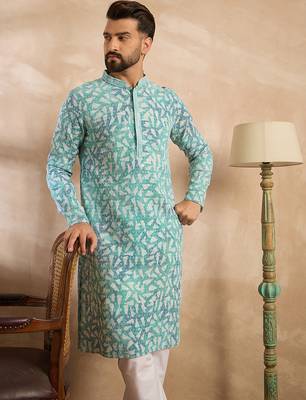 Men teal viscose rayon solid printed straight kurta sets 3