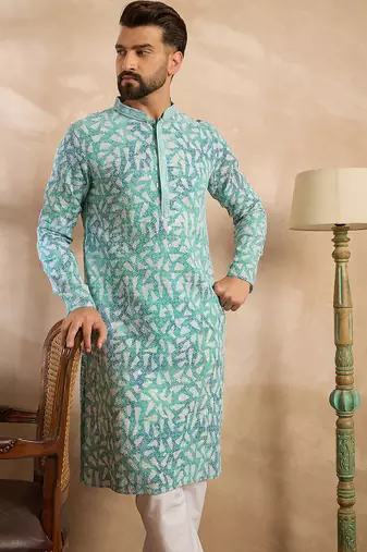 Men teal viscose rayon solid printed straight kurta sets
