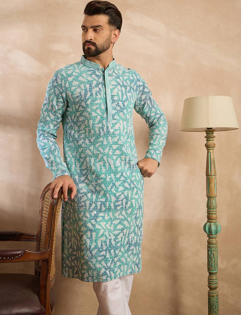 Men teal viscose rayon solid printed straight kurta sets