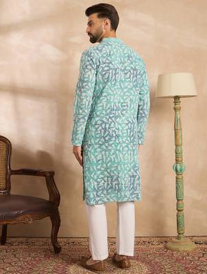 Men teal viscose rayon solid printed straight kurta sets 4