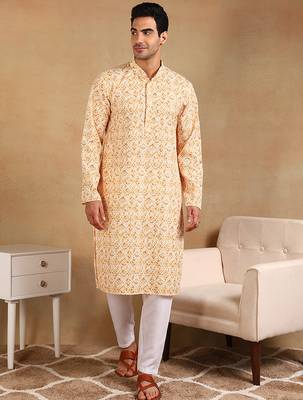 Men yellow viscose rayon geometric embroidered straight kurta 1