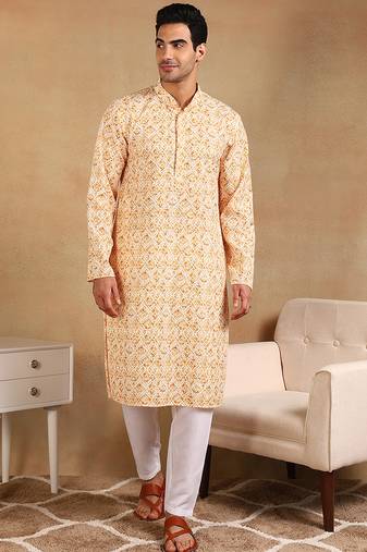 Men yellow viscose rayon geometric embroidered straight kurta