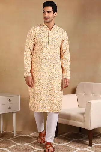 Men yellow viscose rayon geometric embroidered straight kurta