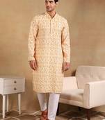 Men yellow viscose rayon geometric embroidered straight kurta