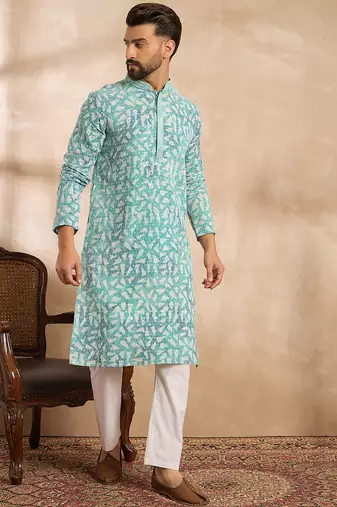 Men teal viscose rayon solid printed straight kurta sets