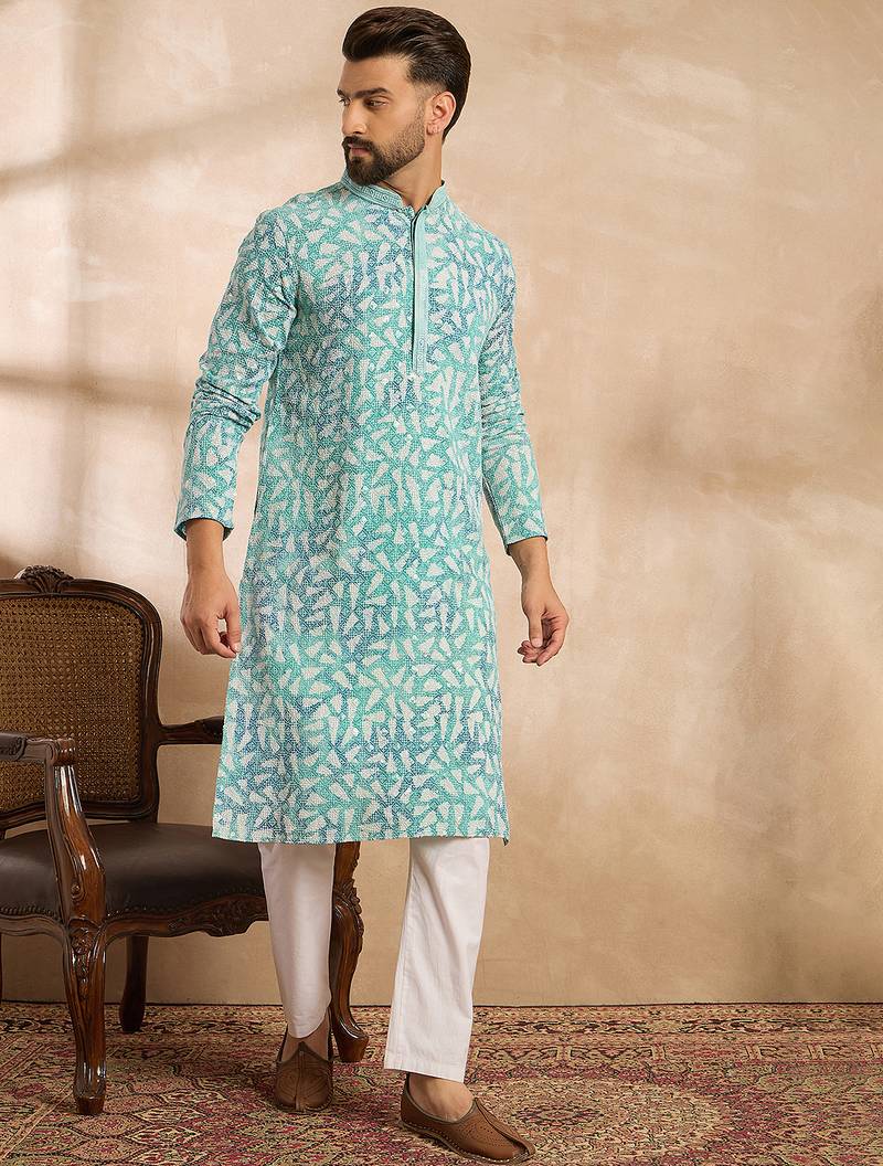 Men teal viscose rayon solid printed straight kurta sets