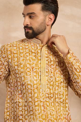 Men yellow viscose rayon batik embroidered straight kurta sets