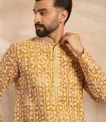 Men yellow viscose rayon batik embroidered straight kurta sets