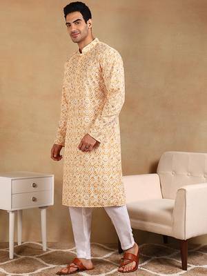Men yellow viscose rayon geometric embroidered straight kurta 2