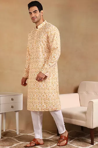 Men yellow viscose rayon geometric embroidered straight kurta