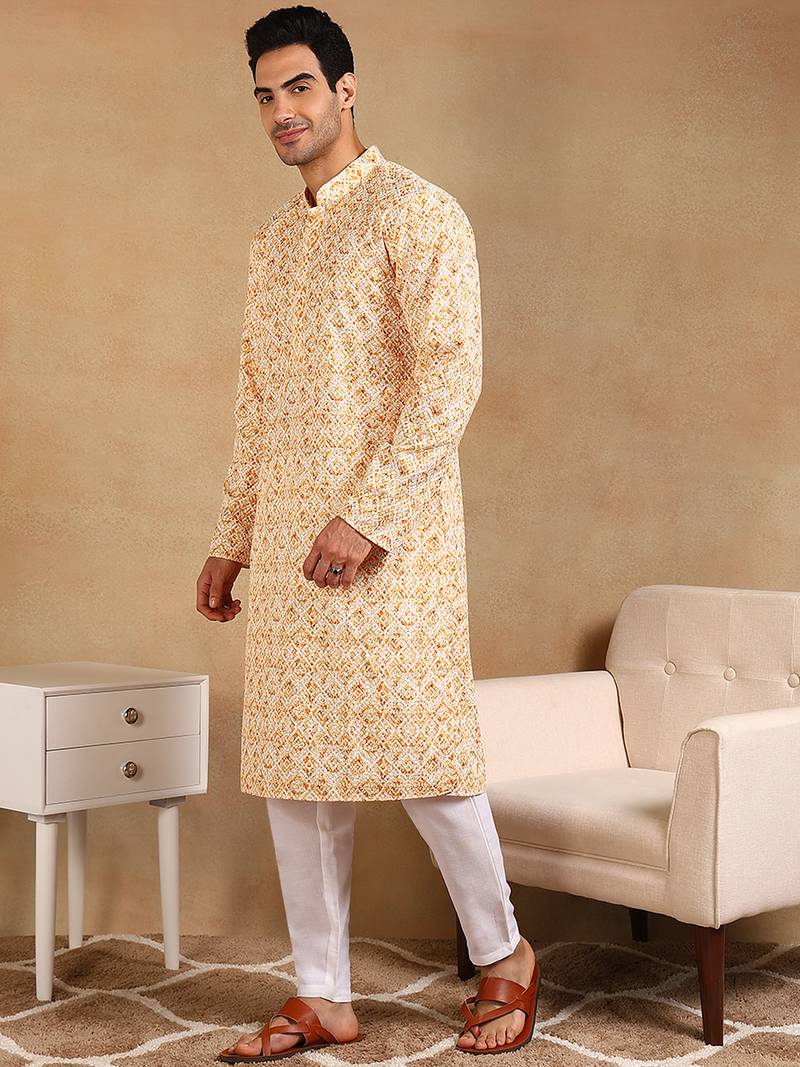 Men yellow viscose rayon geometric embroidered straight kurta