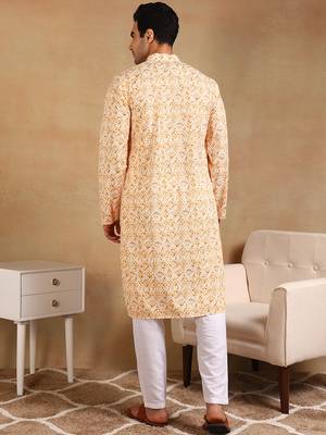 Men yellow viscose rayon geometric embroidered straight kurta 3