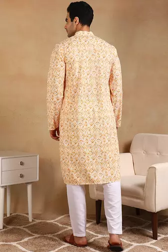 Men yellow viscose rayon geometric embroidered straight kurta