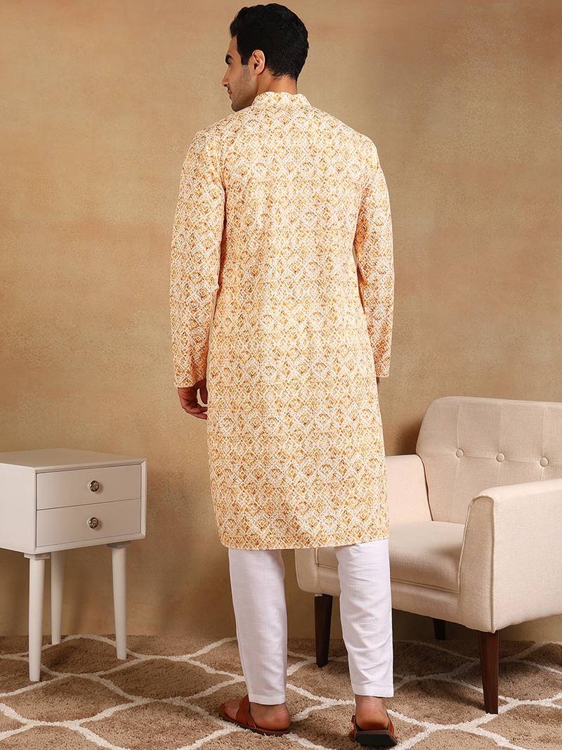 Men yellow viscose rayon geometric embroidered straight kurta