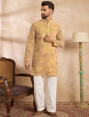Men yellow viscose rayon batik embroidered straight kurta sets 2