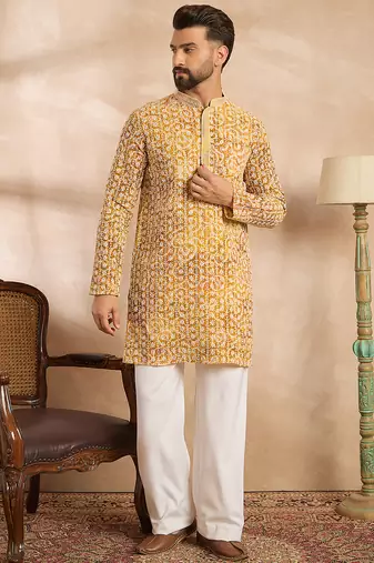 Men yellow viscose rayon batik embroidered straight kurta sets