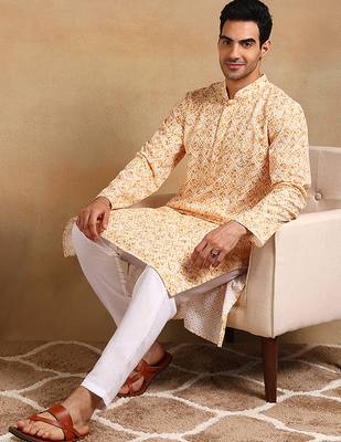 Men yellow viscose rayon geometric embroidered straight kurta 4