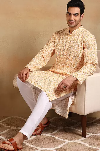 Men yellow viscose rayon geometric embroidered straight kurta